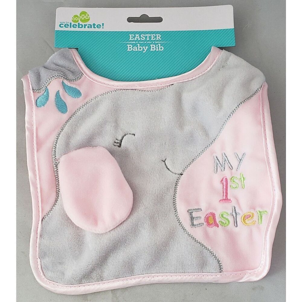 NEW "My First Easter" Girls Baby Bib Pink And Grey Elephant Way To Celebrate